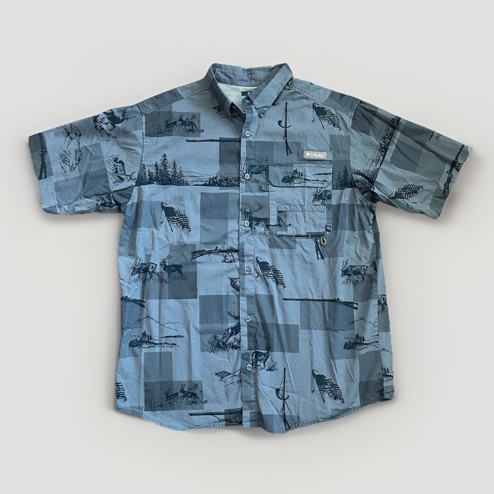 Columbia PHG Large Mens Shirt Buck Rifle Hunting Print Vented Short Sleeve USA